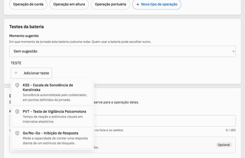 Escolha dos testes da bateria