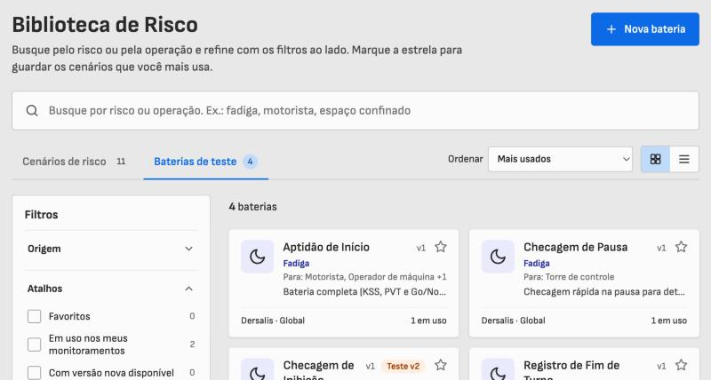 Aba Baterias de teste da Biblioteca de Risco
